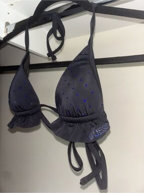 Guess Rhinestone Black Bikini Top with Blue & Ruffles Size XS